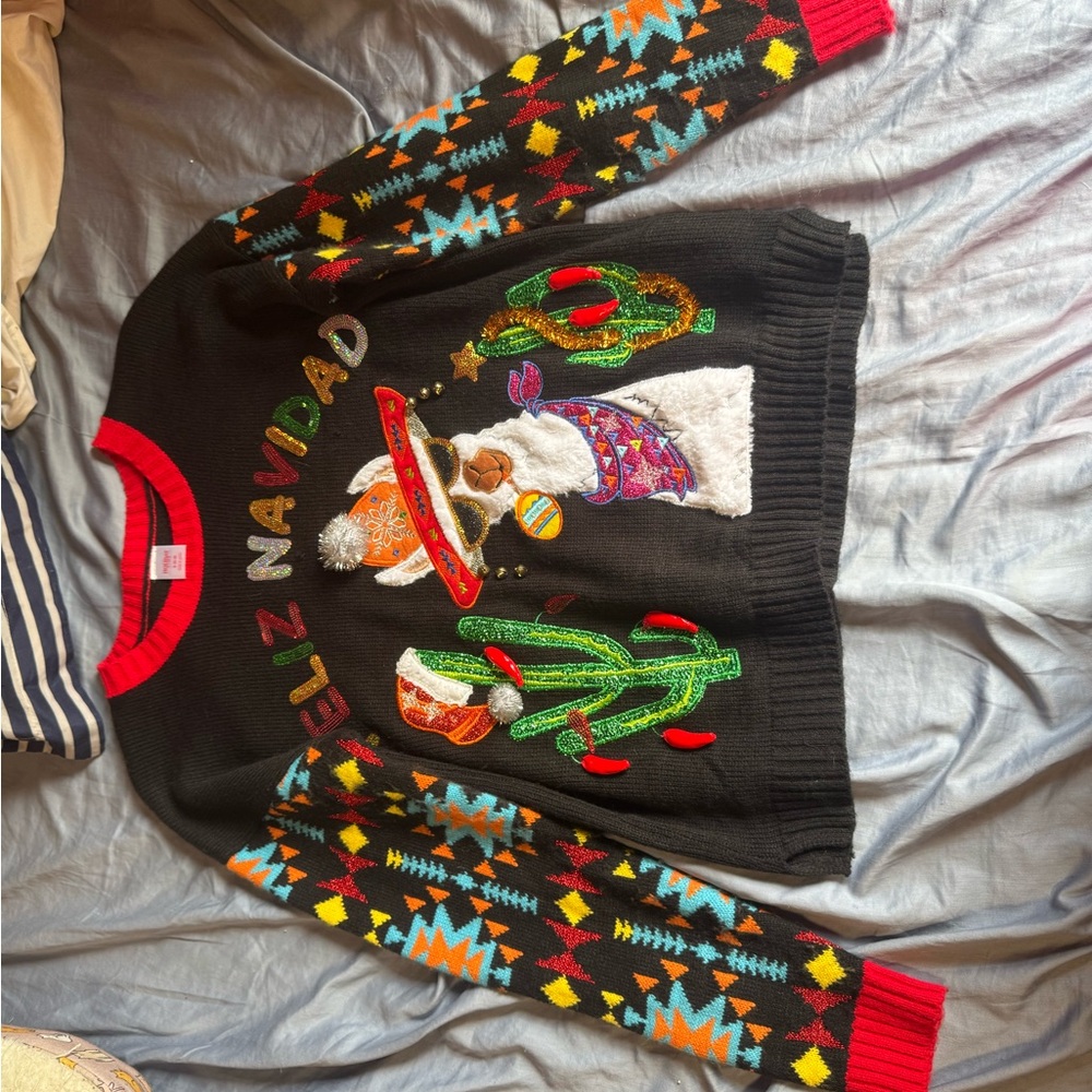 Festive Black Sweater with Colorful Accents